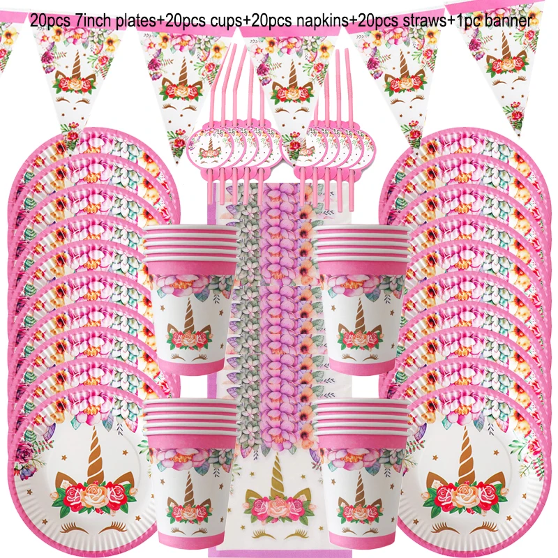 

81pcs Unicorn Party Supplies Disposable Tableware Set Paper Plate Cups Napkins Unicorn Birthday Party Decorations Baby Shower
