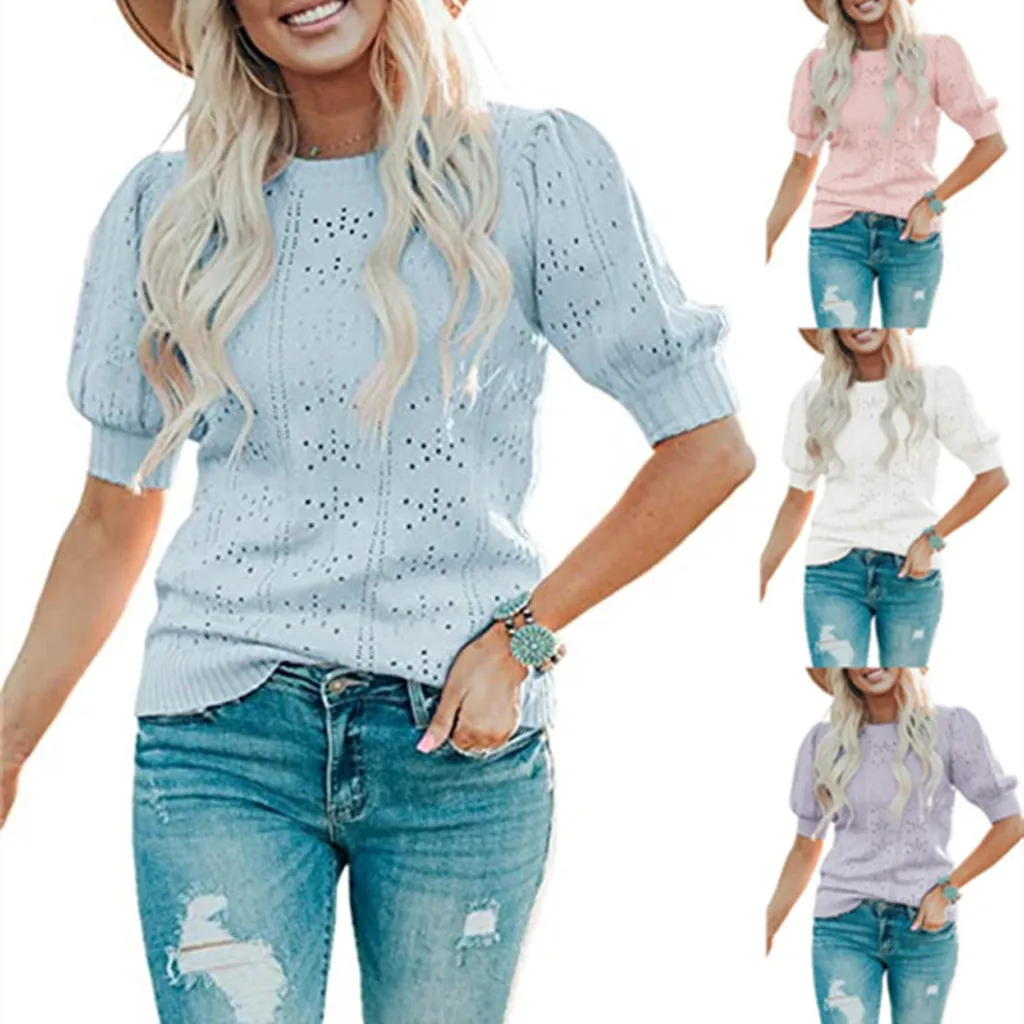 

Fashion Women Solid O-Neck Middle Sleeves Pullover Knitted Sweater Blouse Tops
