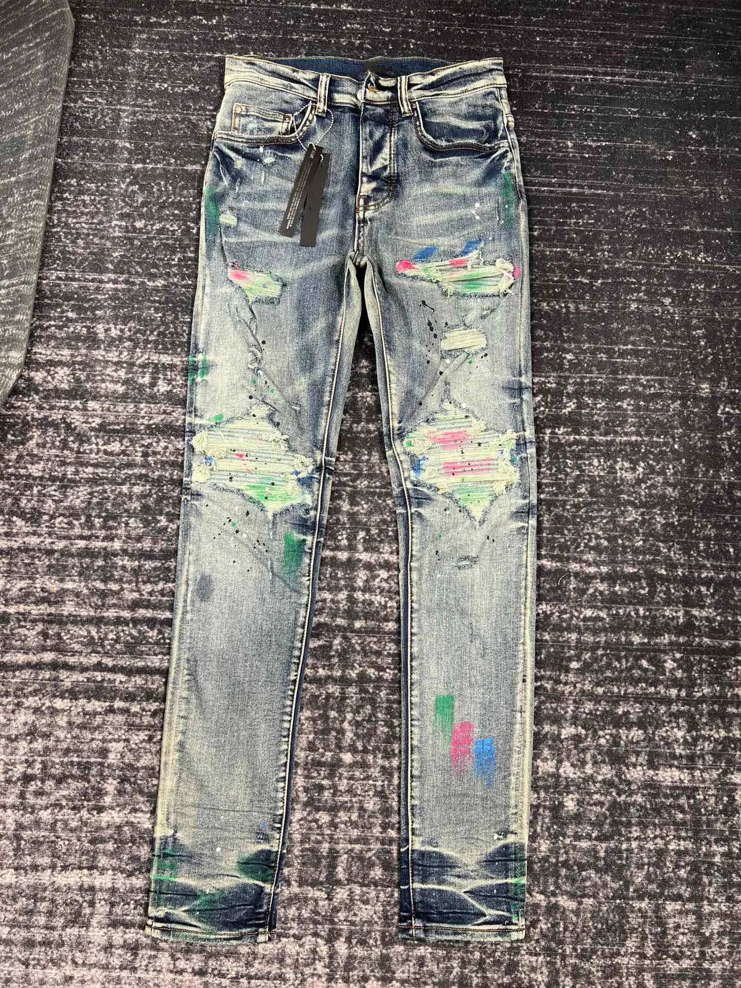 men random color paints distressed jeans