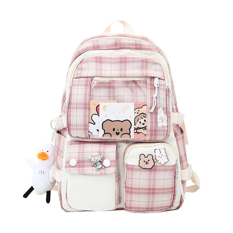 

College Student Women Harajuku Backpack Cute Badge School Bag Book Lady Kawaii Backpack Nylon Girl Trendy Fashion Bag Female New