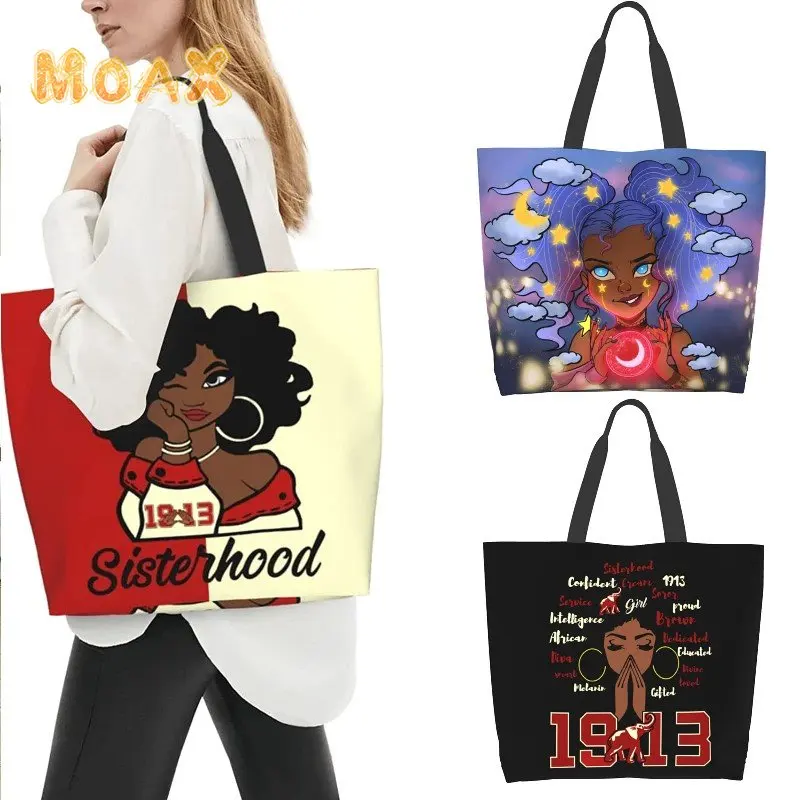 

Black Girl Print Shoulder Bag Women Reusable Shopping Bag Sisterhood Canvas Tote Bag Girl Eco Travel Grocery Handbag Custom Gift