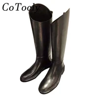 black brand shoes asymmetry top knee high boots for women genuine leather knight boots woman casual flat womens high boots