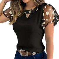 print office ladies casual tee vintage see through mesh sexy t shirts floral blouse 2022 summer fashion ruffle short sleeve top