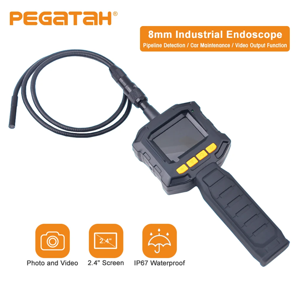 

8mm HD Industrial Endoscope 2.4'' TFT Screen Digital Inspection Camera IP67 Waterproof 4 LED For Car Sewer Checking
