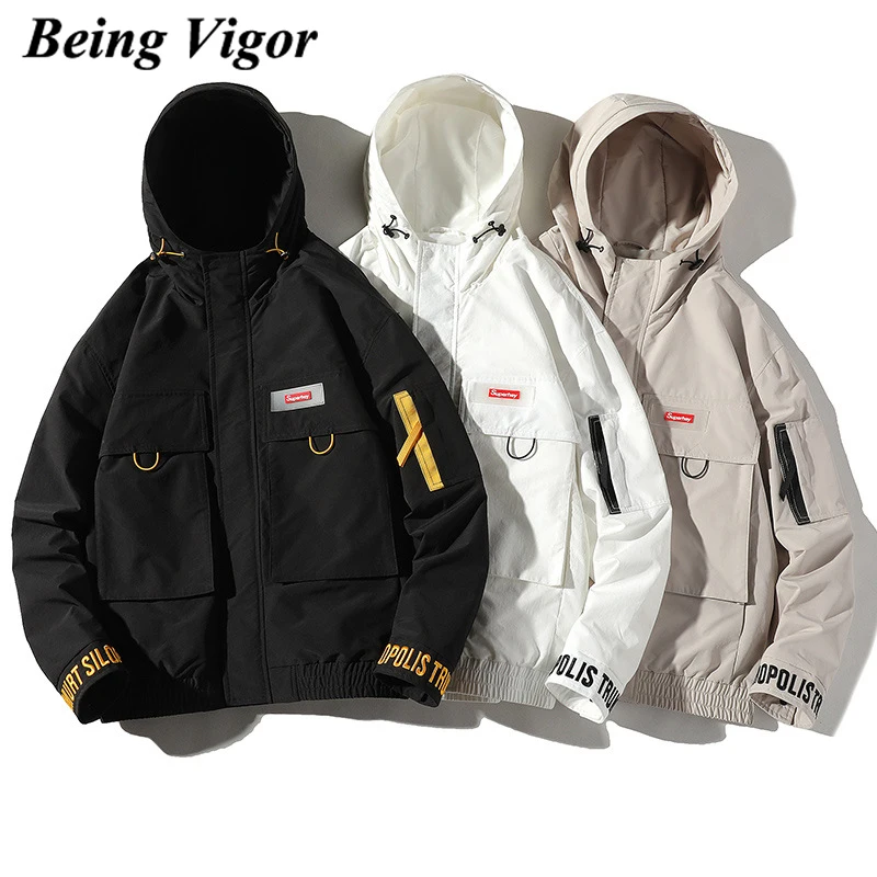 

Being Vigor Spring Outerwear Hooded Pocked Casual Mens Jacket Solid Color Autumn Windbreaker Korea Bomber Jacket куртка мужска