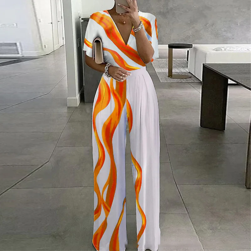

Women Graphic Print Draped Long Jumpsuit Office Summer High Waist V-neck One Piece Bodysuit Sexy Short Sleeve Party Overall 2023