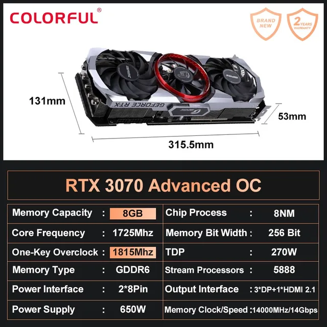 Игровая видеокарта RTX3070 8G NVIDIA GPU Colorful iGame GeForce RTX 3070  Advanced OC 8 Гб GDDR6 256 бит 1815 МГц видеокарты New графическая карта