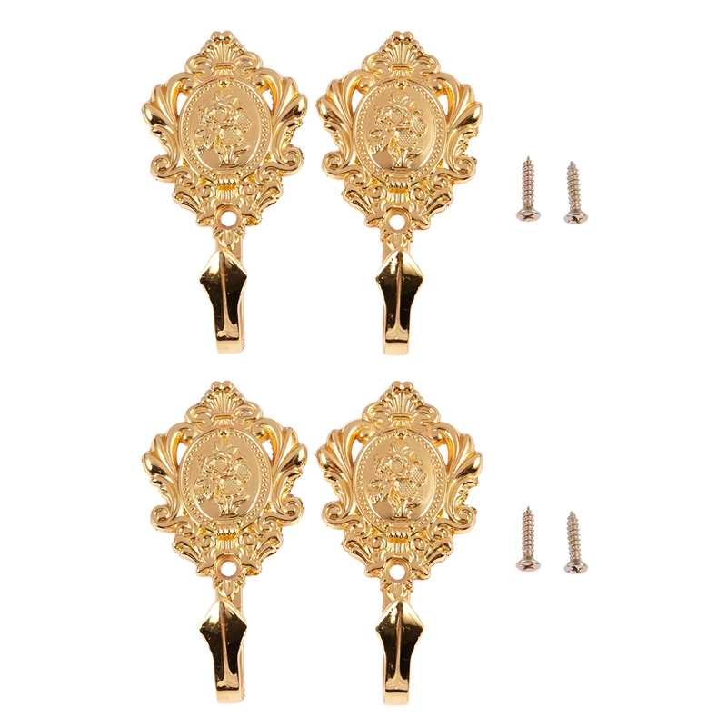 

Rose Pattern Vintage Alloy Drapery Curtain Holdbacks Tieback Hooks 4Pcs (Gold)