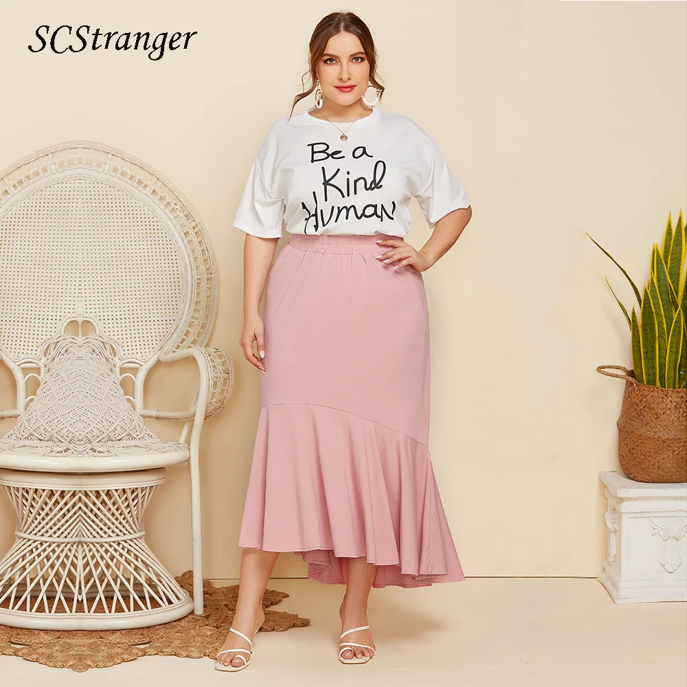

Plus Size Two Piece Set Women Short Sleeved Letter Printed T Shirt Top Solid Color Loose Pleated Skirt Casual Skirt Suits