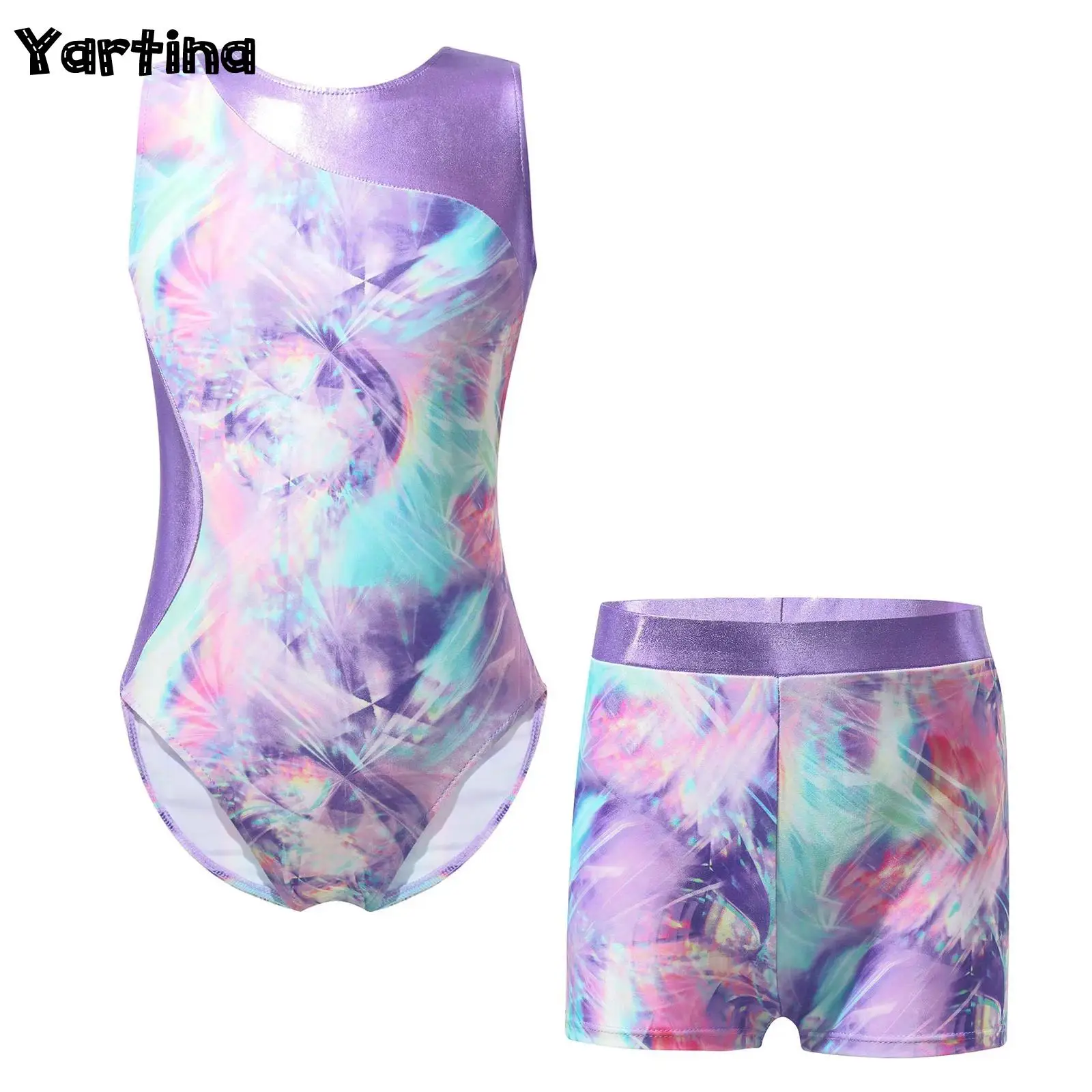 

Kids Girls Printed Gymnastics Ballet Dance Outfit Sleeveless Leotard Jumpsuit Elastic Waist Shorts Ballet Unitard Biketard