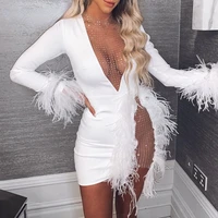 2022 sexy sequin mesh white feather mini party dress women low cut see through split nightclub bodycon dresses female fashion