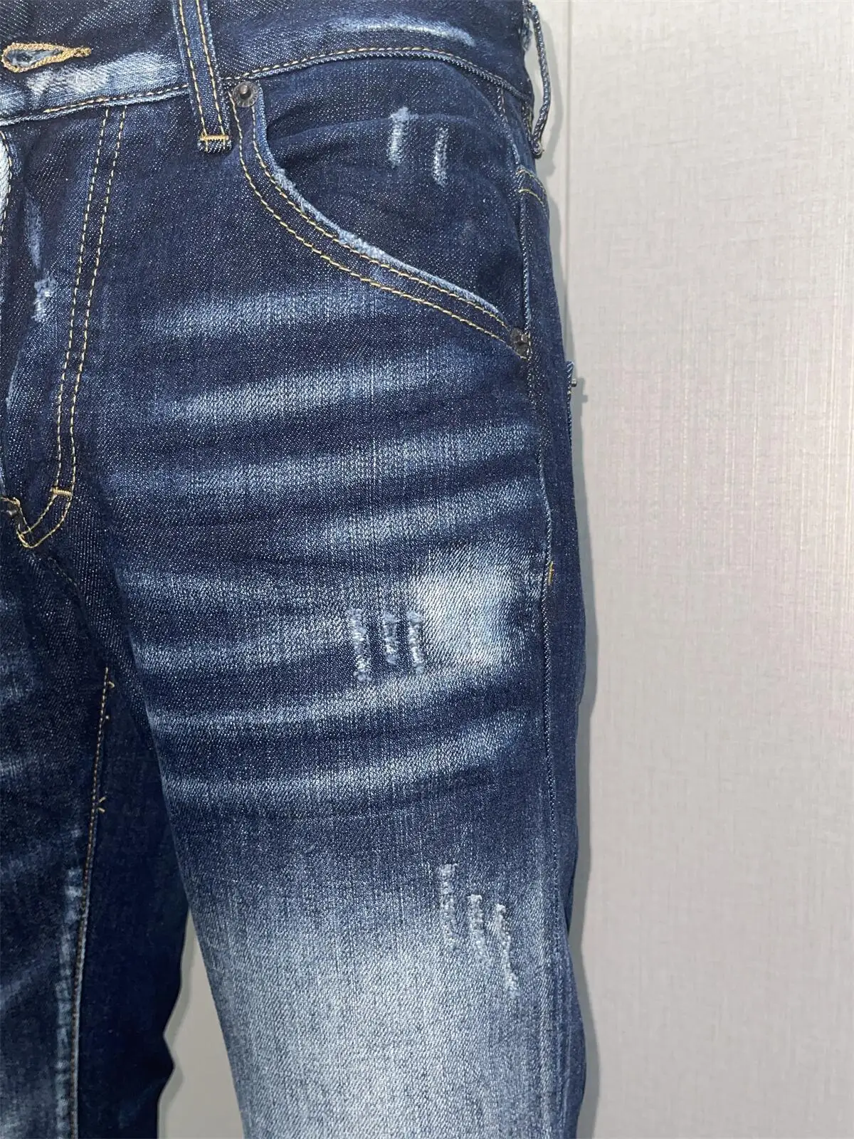 Spring and Summer New Fashion Men's Washed Denim Pants with Worn Hole Patches and Paint 3D Cutting Small Feet Deep Blue Jeans