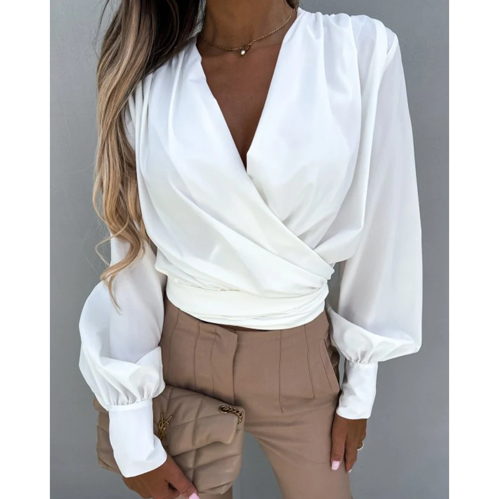 

2022 Summer Lantern Sleeve Ruched Wrap Top Women V Neck Long Sleeve Pullover Shirts Workwear Elegant Blouse Women Clothings New