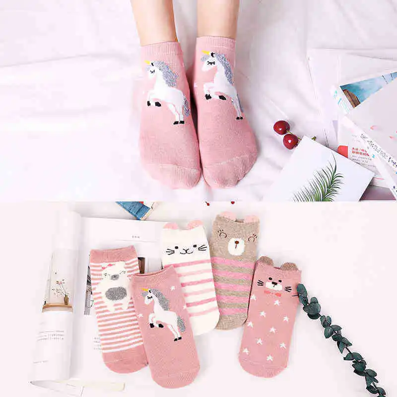 5Pairs/set Cartoon Women's Socks Casual Boat Socks 3D Pack Harajuku Animal Cute Invisible Funny Girl Ankle Sock Low Tube Hosiery