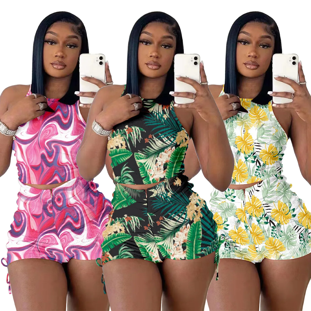 

European And American Summer Fashion Casual Vest Pleated Shorts Women's Slim Print Two-piece Pullover Set