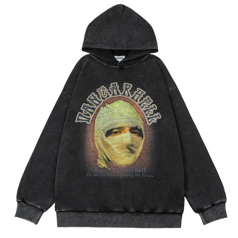 

Vintage Hoodie Sweatshirt Hip Hop Retro Graphic Print Distressed Wash Punk Gothic Hooded Harajuku Fashion Casual Loose Pullover