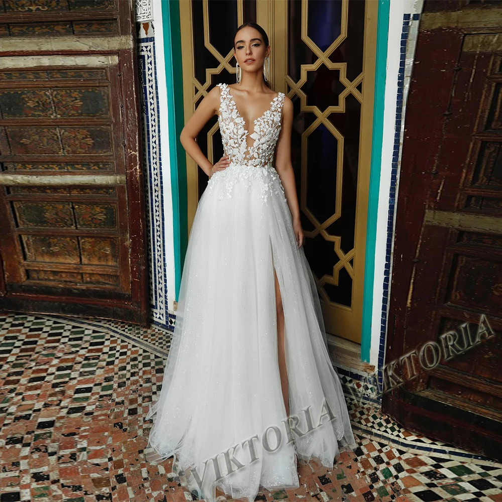 

VIKTORIA Fancy Wedding Dresses For Women 2023 Bridal A-LINE Appliques Tank Tulle Side Slit V-neck Vestido De Novia Custom Made