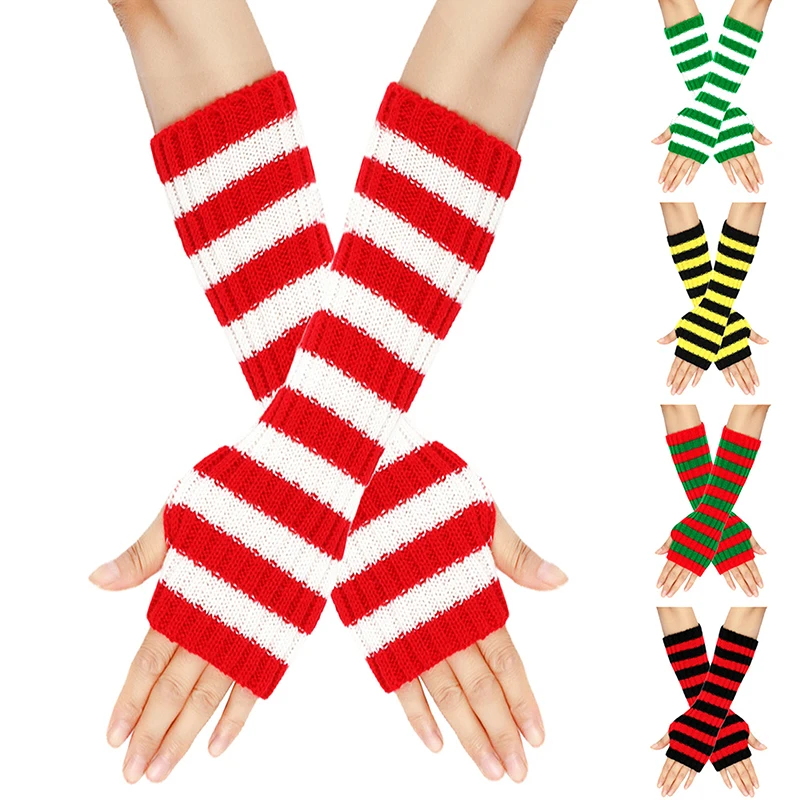 

Зимние длинные перчатки для половины пальцев теплые полосатые рукава с имитацией пальцев рукава с открытыми пальцами шерстяные перчатки средней длины для женщин