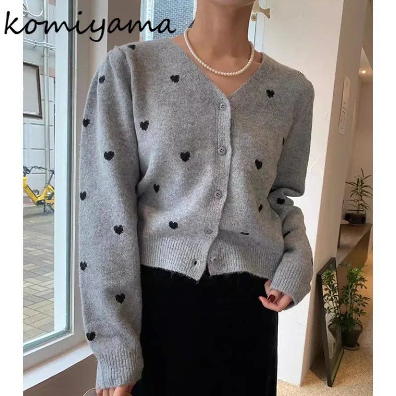 Жаккардовый женский кардиган Love Heart 2024 однобортный верхний костюм с v-образным