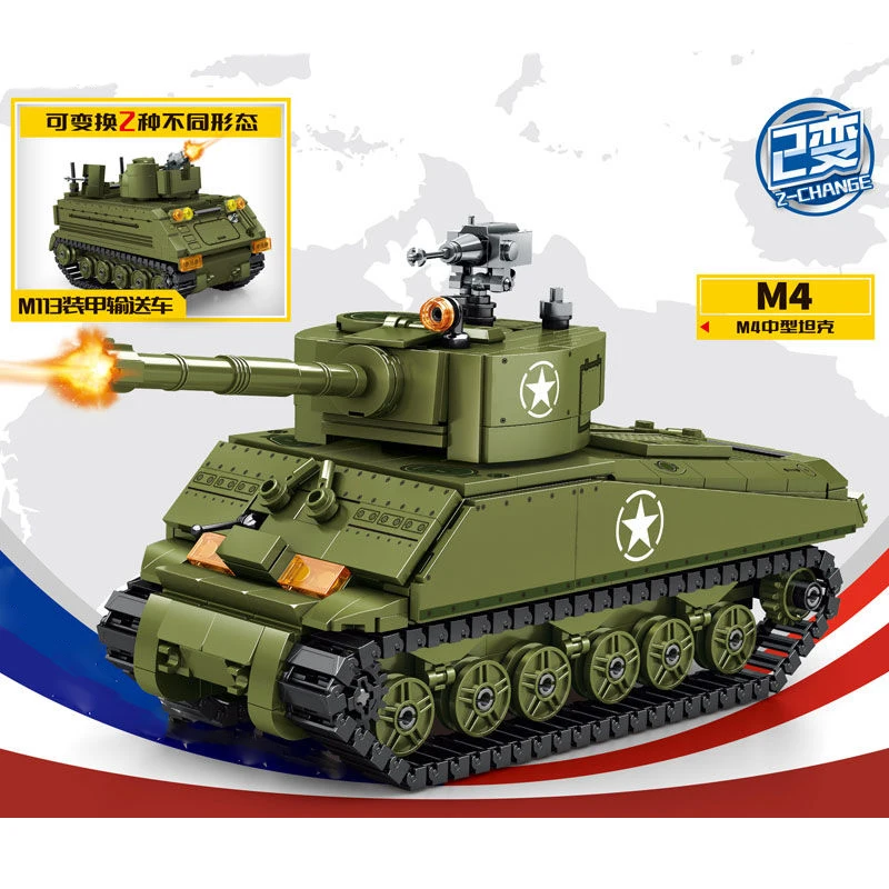 

2023 Military Vehicle WW2 Army Sherman M4 Medium Tank Building Blocks Figure Soldier Model Bricks Classic Kit Kids Moc Toys Gift