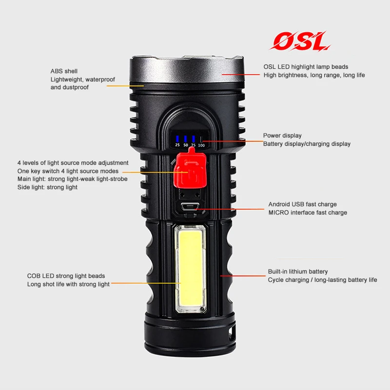 

Multi-function Glare Flashlight Strong Light USB Long-range Light Flashlight Portable Torch Tactical Light Night Bicycle Lights