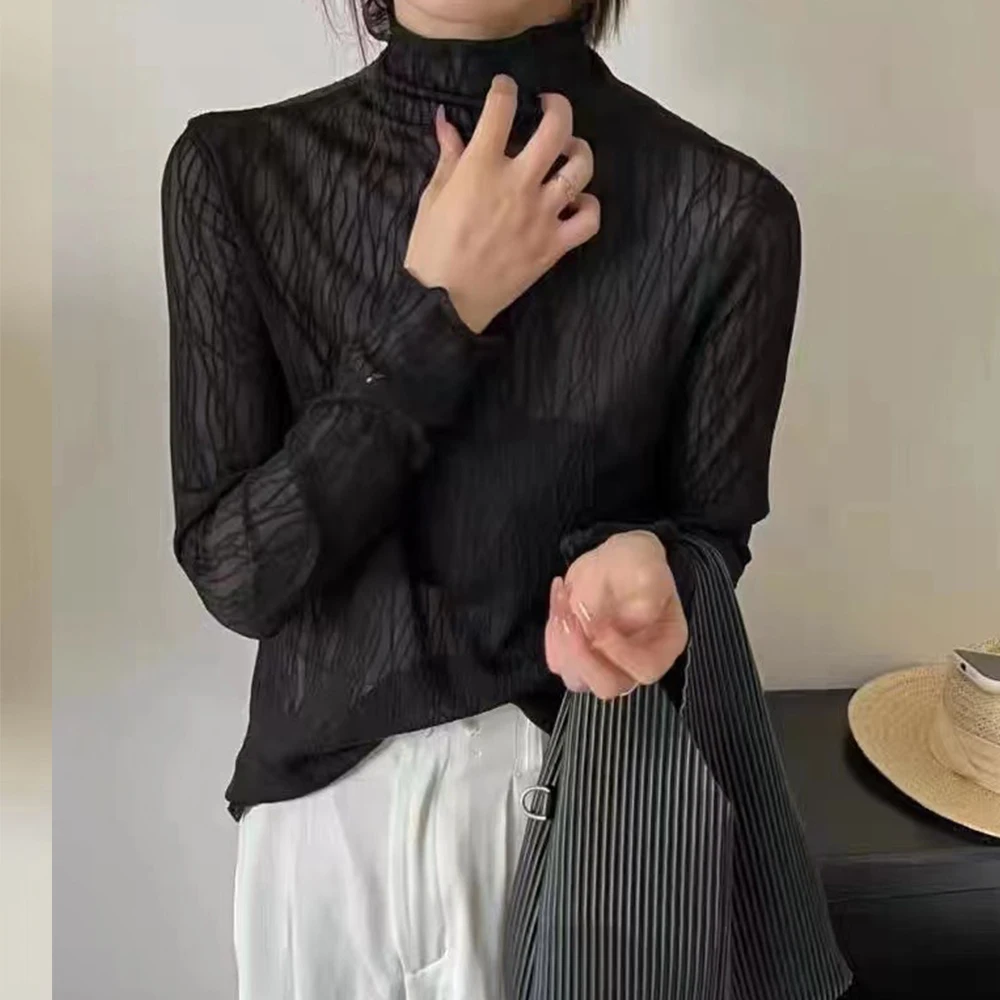 Сексуальная черная футболка с высоким воротником и длинным рукавом Женская