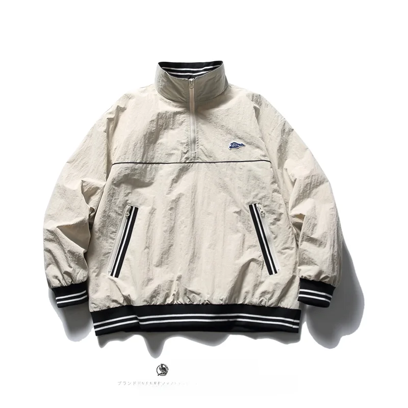 Японская мода воротник-стойка половина молнии контрастные цвета пэчворк Ретро