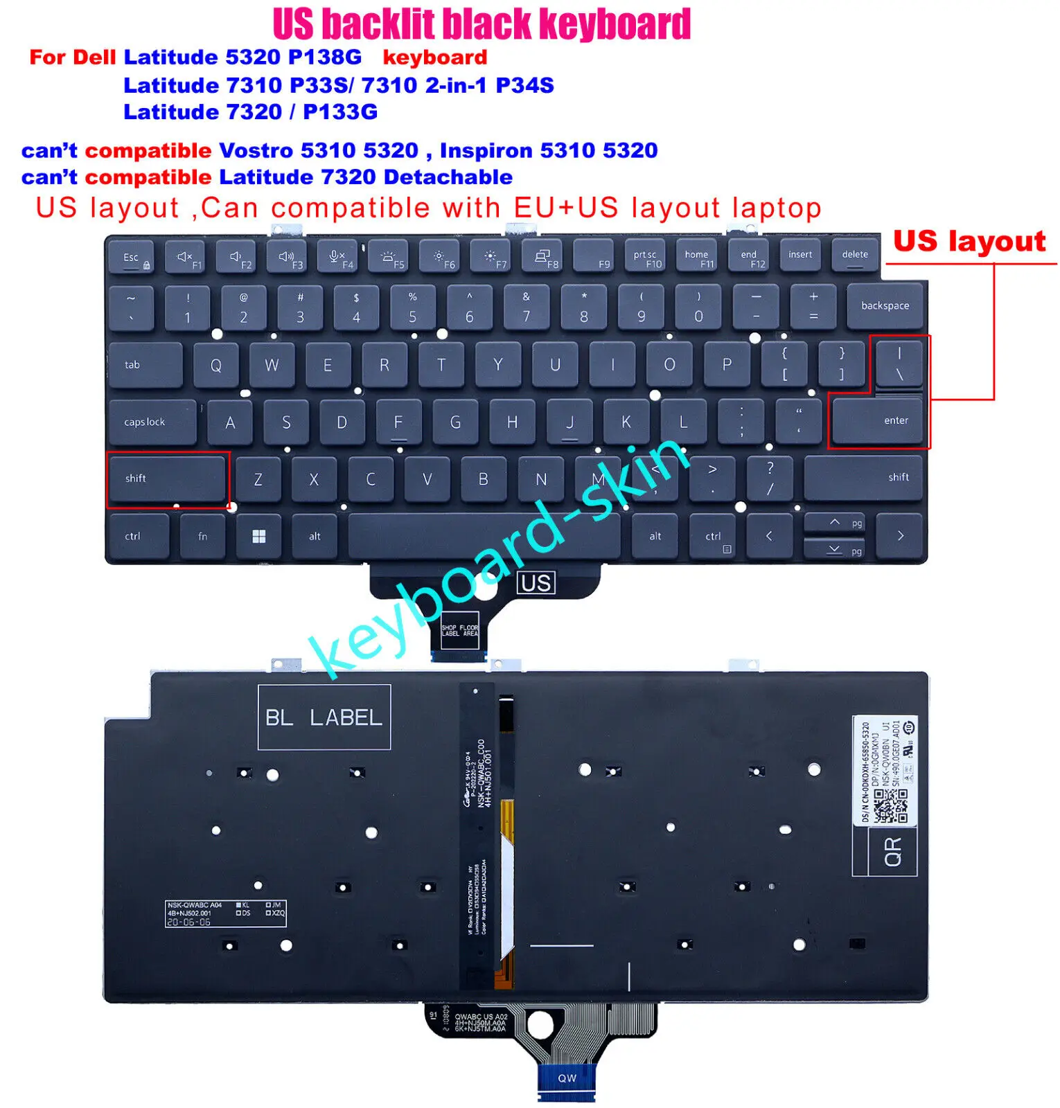 

Новая клавиатура с американской подсветкой для ноутбука Dell Latitude 5320 P138G ,7310 P33S/ 7310 2 в 1 P34S ,7320 /P133G 018YPJ
