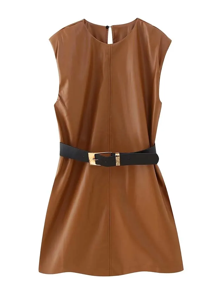 

TRAF Faux Leather Dress Woman Belt Short Dress Women Sleeveless Casual Dresses for Women 2023 Streetwear Winter Female Dress