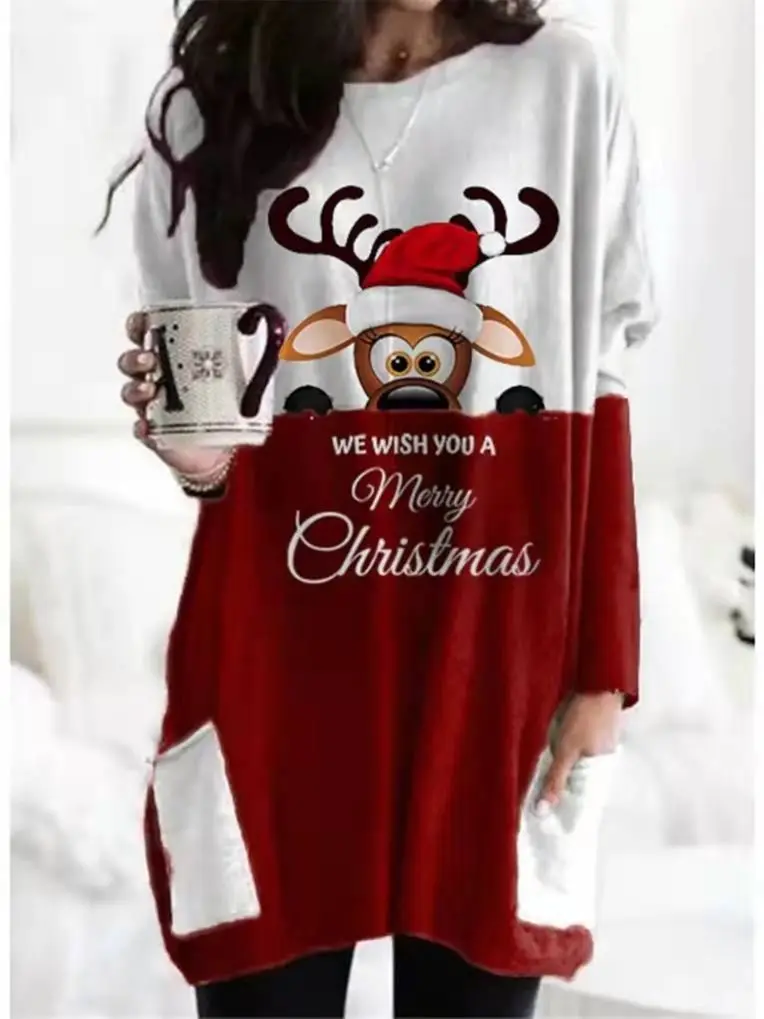 

New 2022 Christmas Print Long Hoodless sweatshirt, Harajuku Pullovers,Y2K Clothing,Autumn Winter Fashion Long Sleeve Shirt