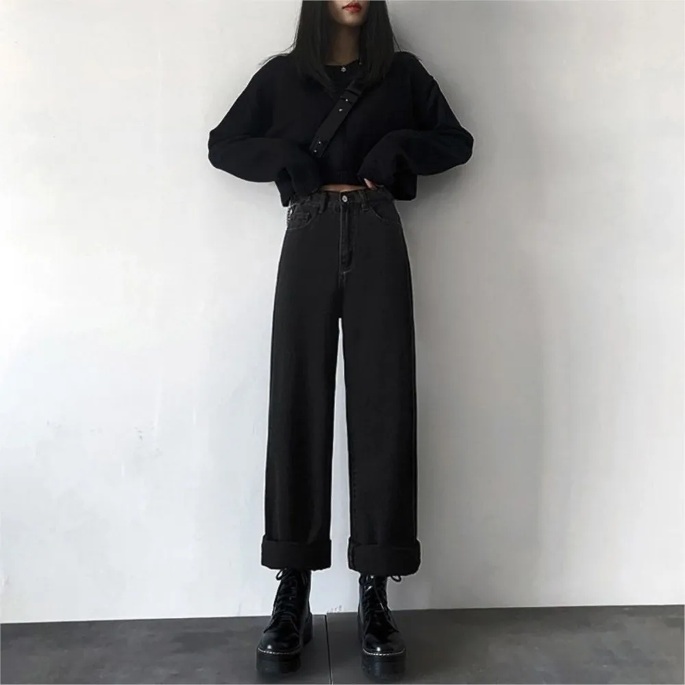 

Black Wide-leg Jeans Are Loose And Versatile High-rise Straight-leg Pants