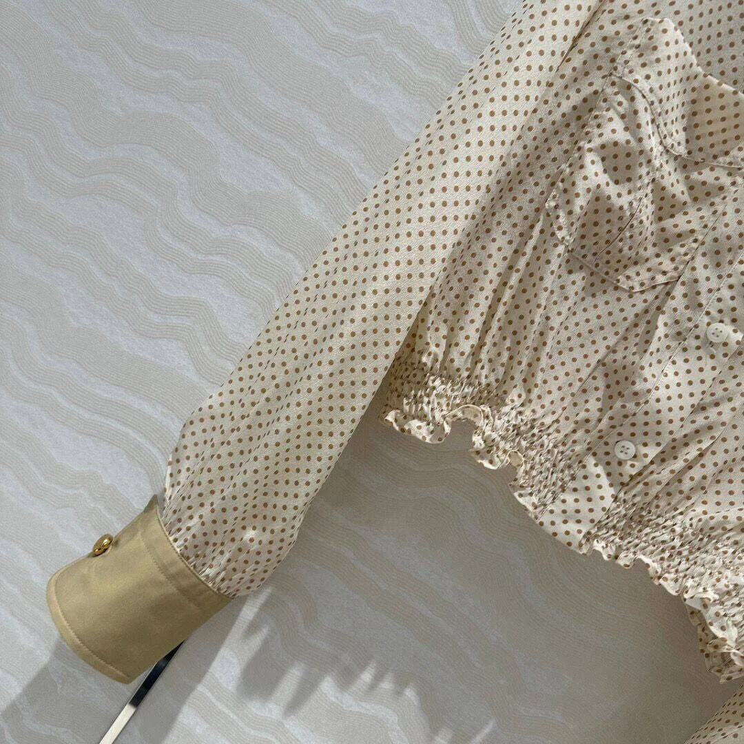 Женская шелковая рубашка в горошек милая блузка составного кроя с отложным