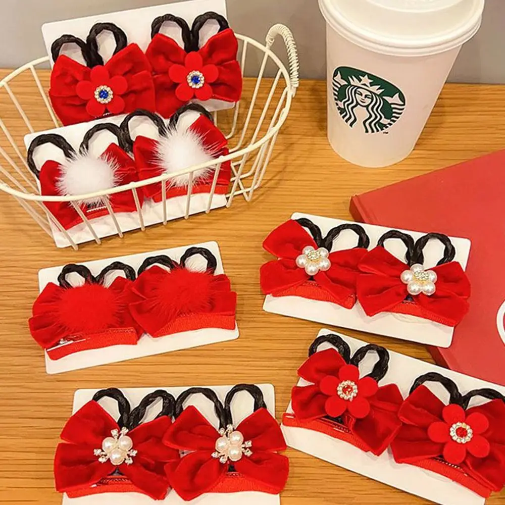 

Flower Bow Headwear Plush Ball Chinese Style Red Bangs Clip Hair Accessory New Year Hairpin Girl Wig Hair Clip