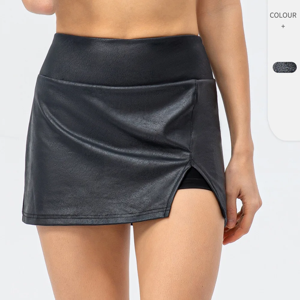 

New Imitation Leather Tight Sports Skirt Women Running Shorts Pocket Yoga Short Double Gym Fitness Shorts Sportswear