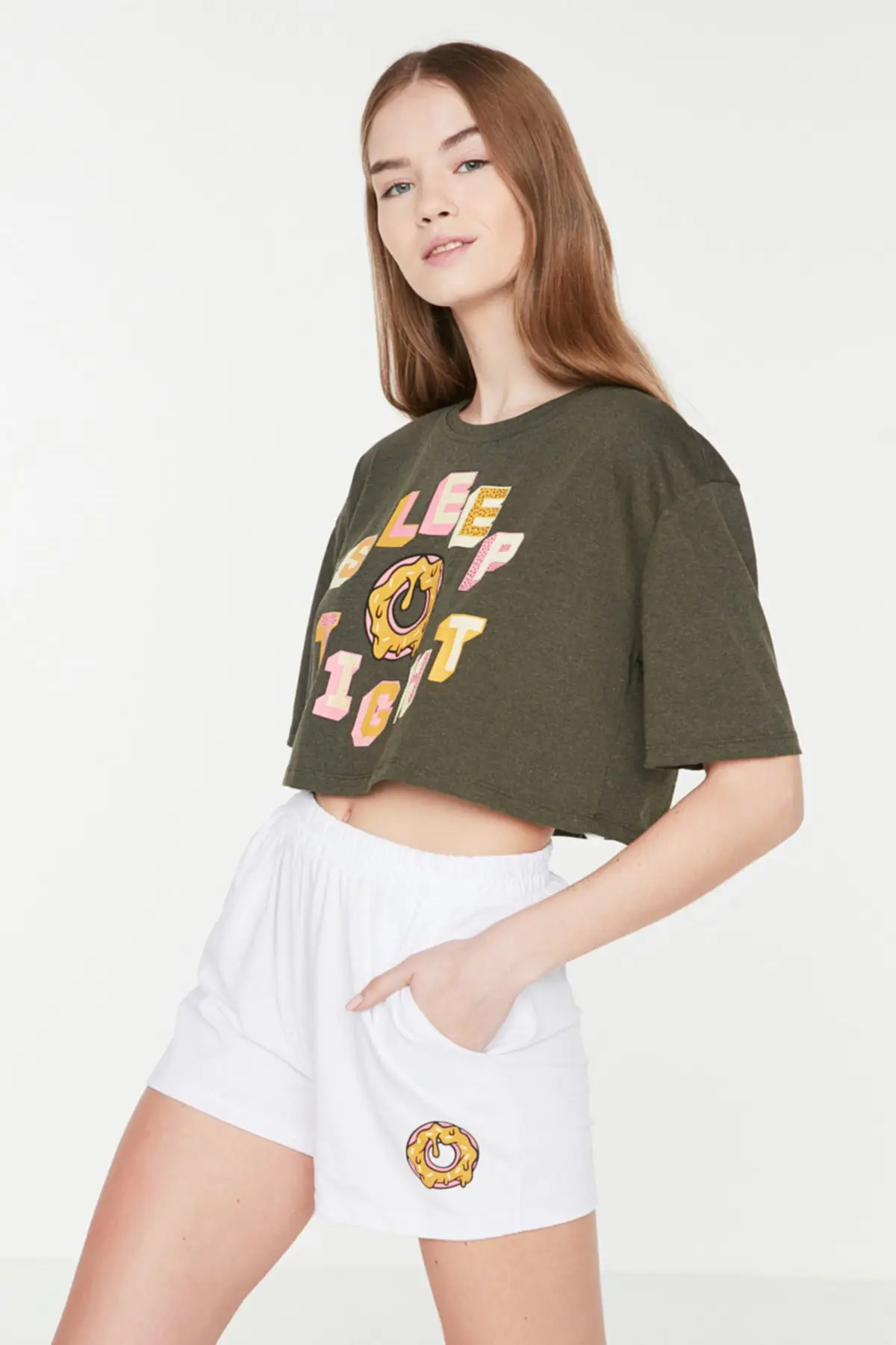 

Women's Pajamas Green Printed Crop Knitted Sleep Lounge Pajamas Nightwear Sleepwear Night Suit Casual Home Clothing