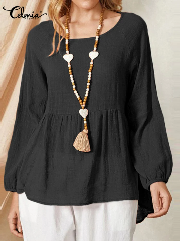 

2022 Summer Women Solid Retro Shirt Celmia Fashion Pleats O Neck Tops Patchwork Long Puff Sleeve Blouse Female All-match Blusas