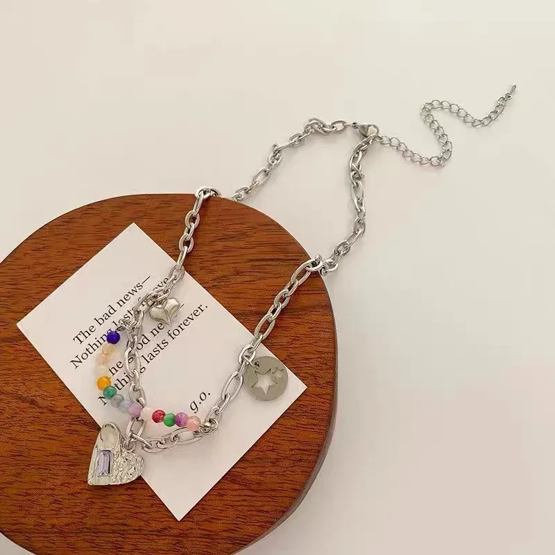 

Color Beaded Heart-Shaped Pendant Stitched Double-Layer Necklace Clavicle Chain Metal Punk Hip-Hop Style Fashion Jewelry Gift