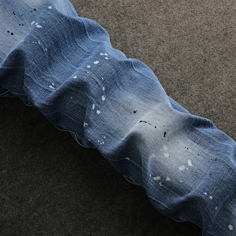 Уличная мода Мужские джинсы Ретро Светло-голубые эластичные облегающие рваные