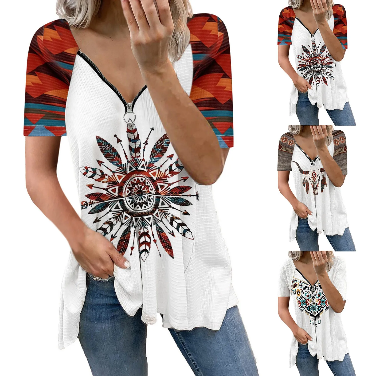 

Футболка женская с цветочным принтом, Повседневная Свободная рубашка с коротким рукавом, на молнии, с V-образным вырезом, на лето