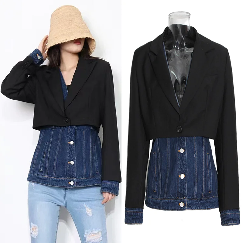 Women Black Denim Spliced Long Blazer New Lapel Long Sleeve Loose Fit Jacket Fashion Tide Spring Autumn 2023