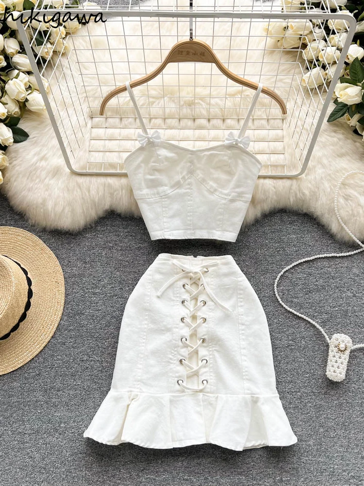 

Hikigawa Solid Denim Suit Female Camisole Outer Wear Crop Tops + High Waist Drawstring Mermaid Skirt Chic Fashion Two Piece Set