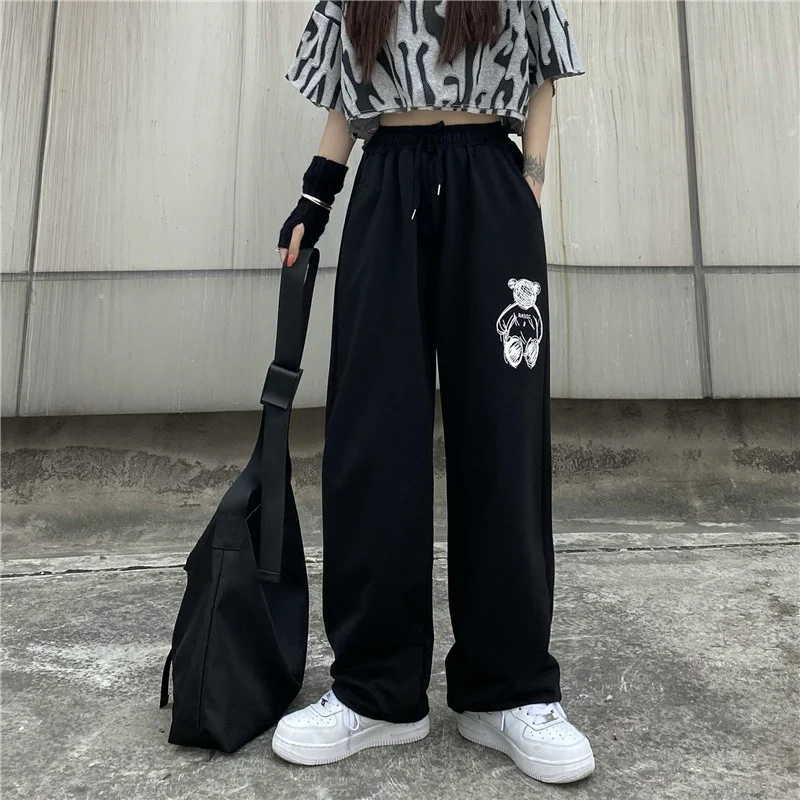 

Wide Leg Casual Pants Women's Harajuku Style New Bear Design High Waist Street Spring And Autumn Loose Straight Trousers