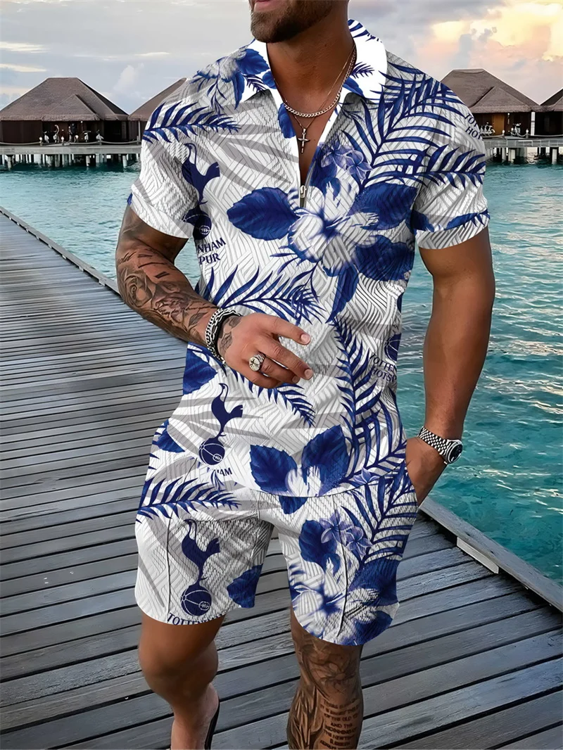 

Men's Tracksuit 2 Piece Set Hawaiian Style Print 3D Polo Shirt T Shirt and Shorts Casual Man Clothing Zip-Up Polo Shirt