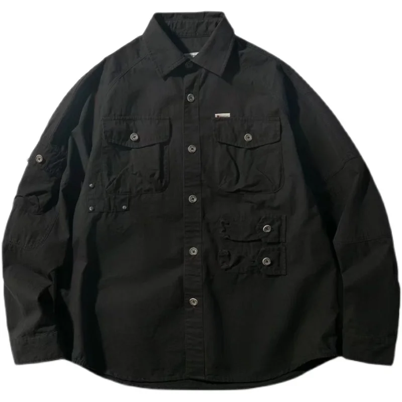 100% Cotton Oversized American Heavy Cargo Shirt Men's Long Sleeve Korean Casual Men's Shirt Baggy Pocket Shirt, Versatile Coat