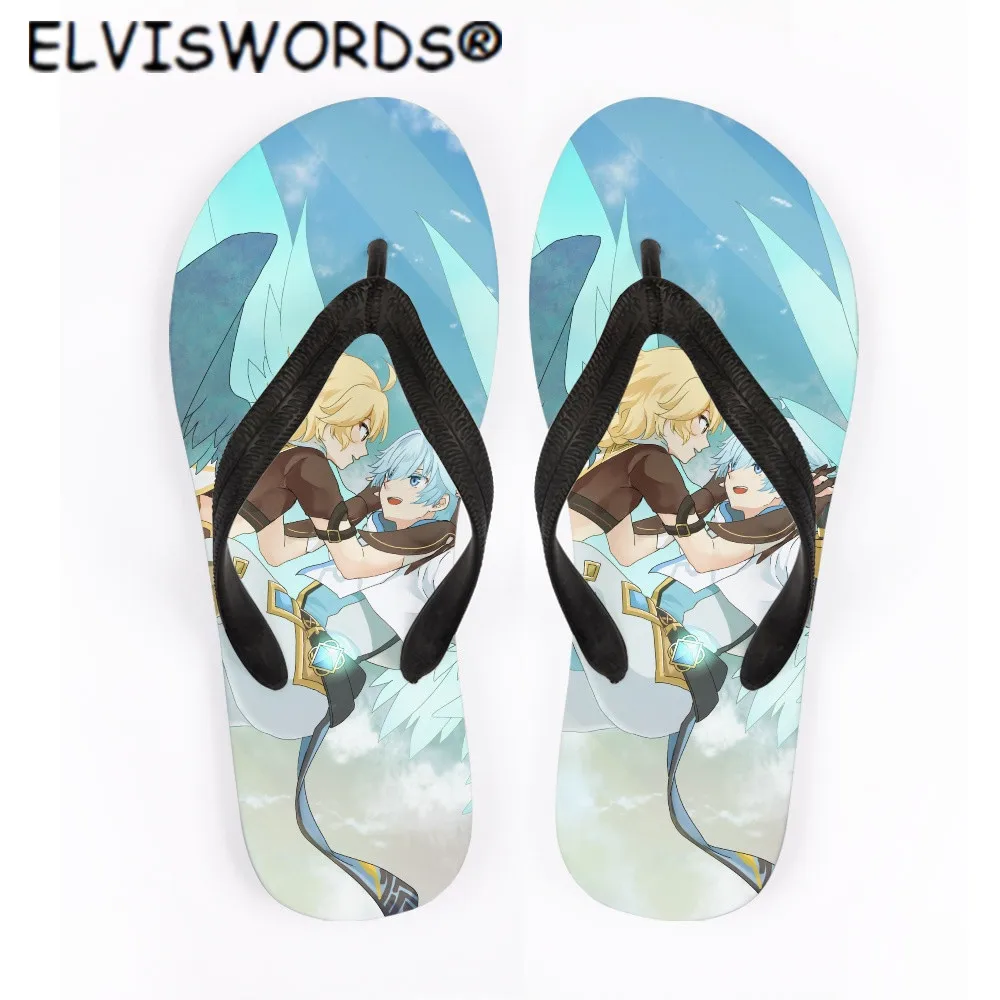 

Шлепанцы ELVISWORDS с мультяшным принтом Genshin, летние пляжные шлепанцы, женские резиновые домашние шлепанцы на плоской подошве для женщин