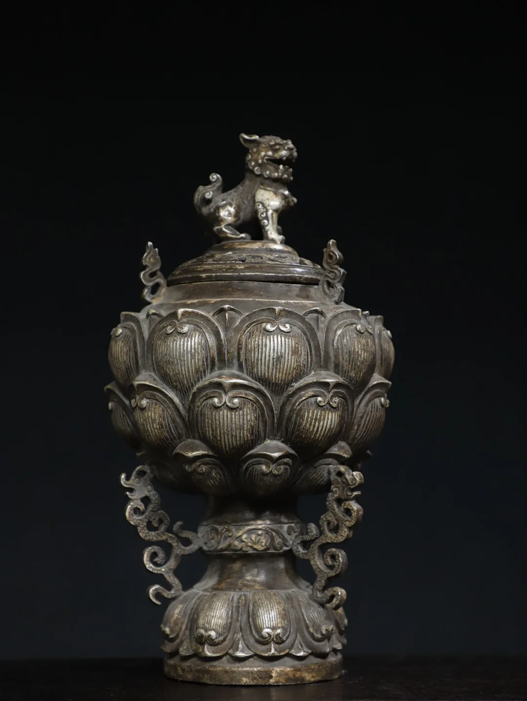 

12"Tibetan Temple Collection Old Bronze Gilded silver Cinnabar Lion Baolian Lamp Incense Stove Lotus flower incense burner