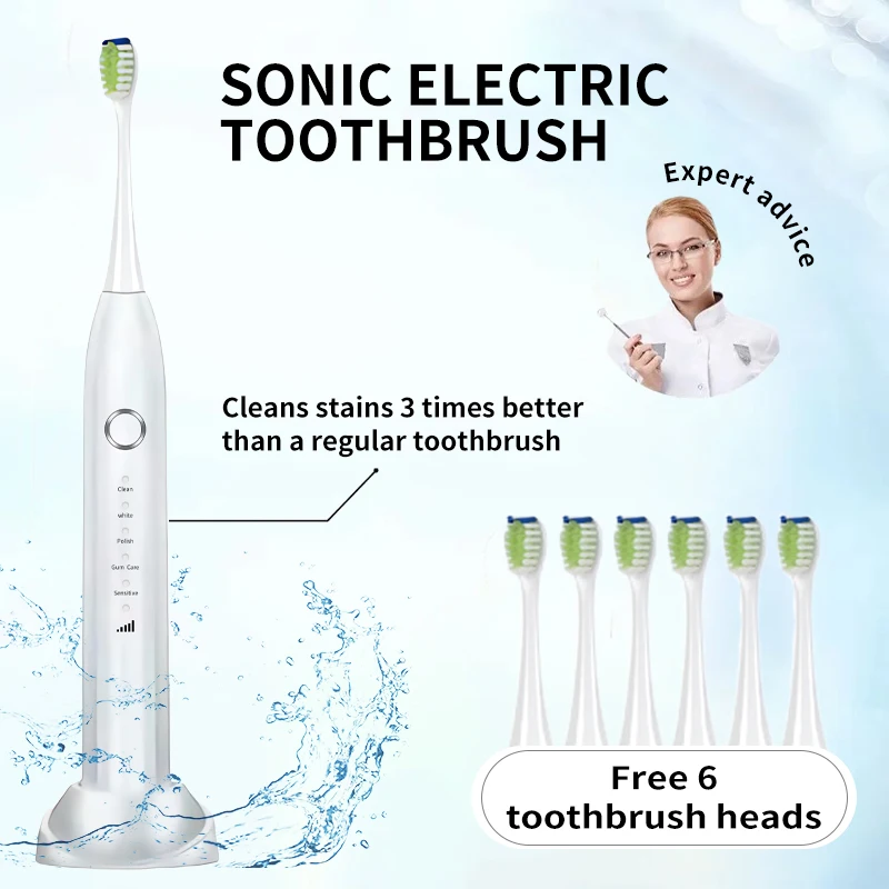 

Smart Sonic Electric Toothbrush IPX7 Waterproof Soft Bristle 5 Modes USB Wireless Charging Adult Rechargeable Tooth Brushes
