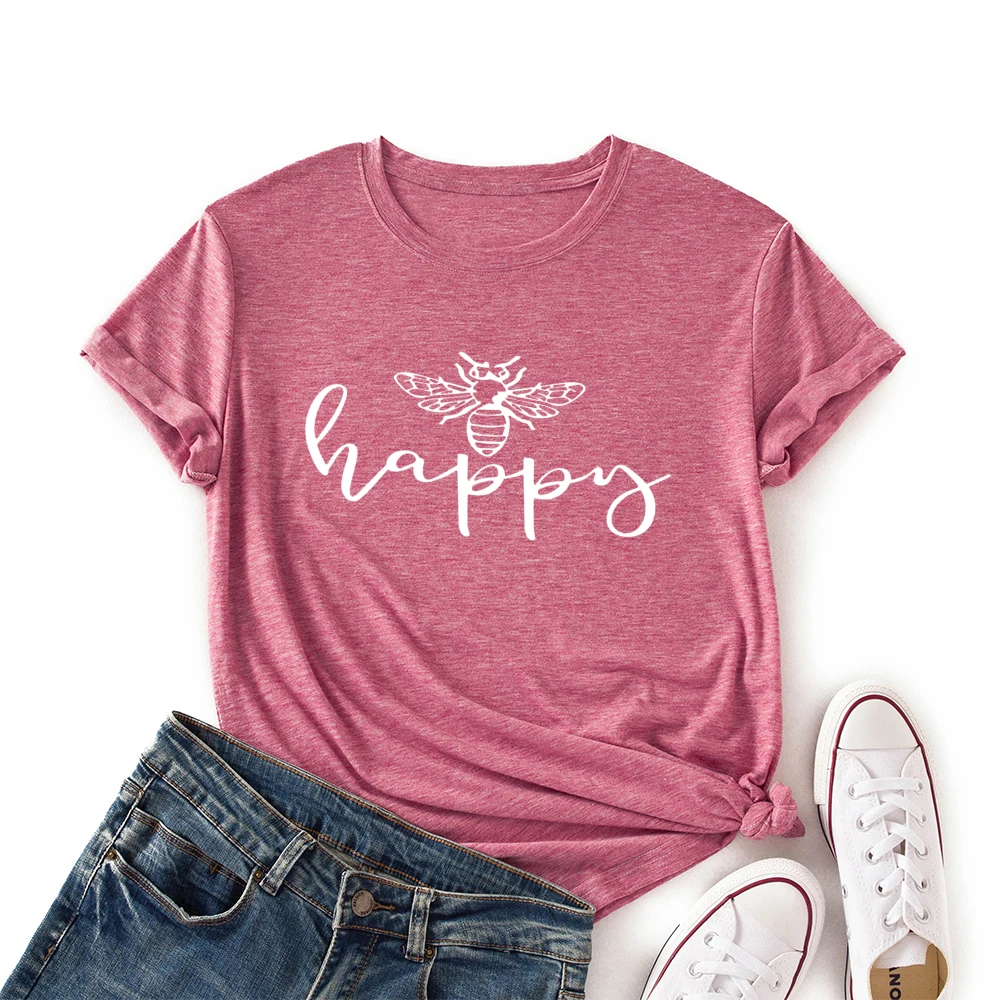 

Woman Short Sleeve Colored Graphic Tees Summer T-Shirt Female Tops Shirts for Women Be Bee Happy Animal Bees Lovers