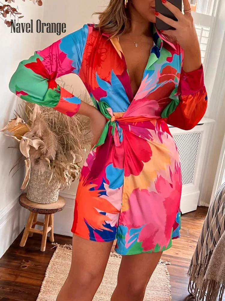 

Turn-Down Collar Sexy Mini Dress Women Summer Holiday Lace-Up Long Sleeve Printing Sweet Ladies Party Dress Streetwear Vestidos