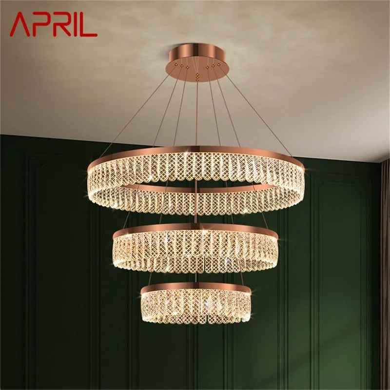 

APRIL Postmodern Long Pendant Lamp Round LED Fixtures Decorative Gold Crystal Chandelier For Home Living Room